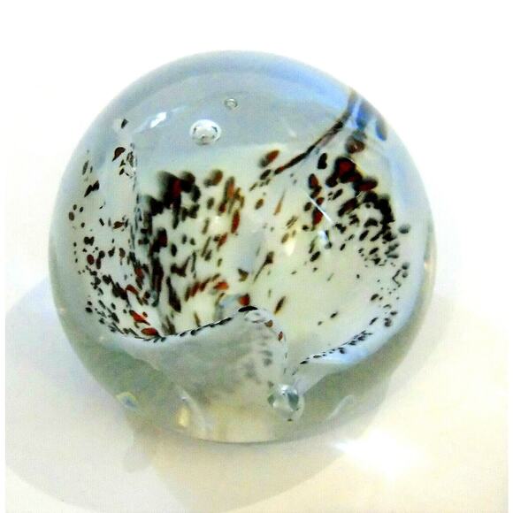 White Spotted Speckled Flower GLASS PAPERWEIGHT 3" Ball Flat Bottom Floral Decor - Picture 2 of 4